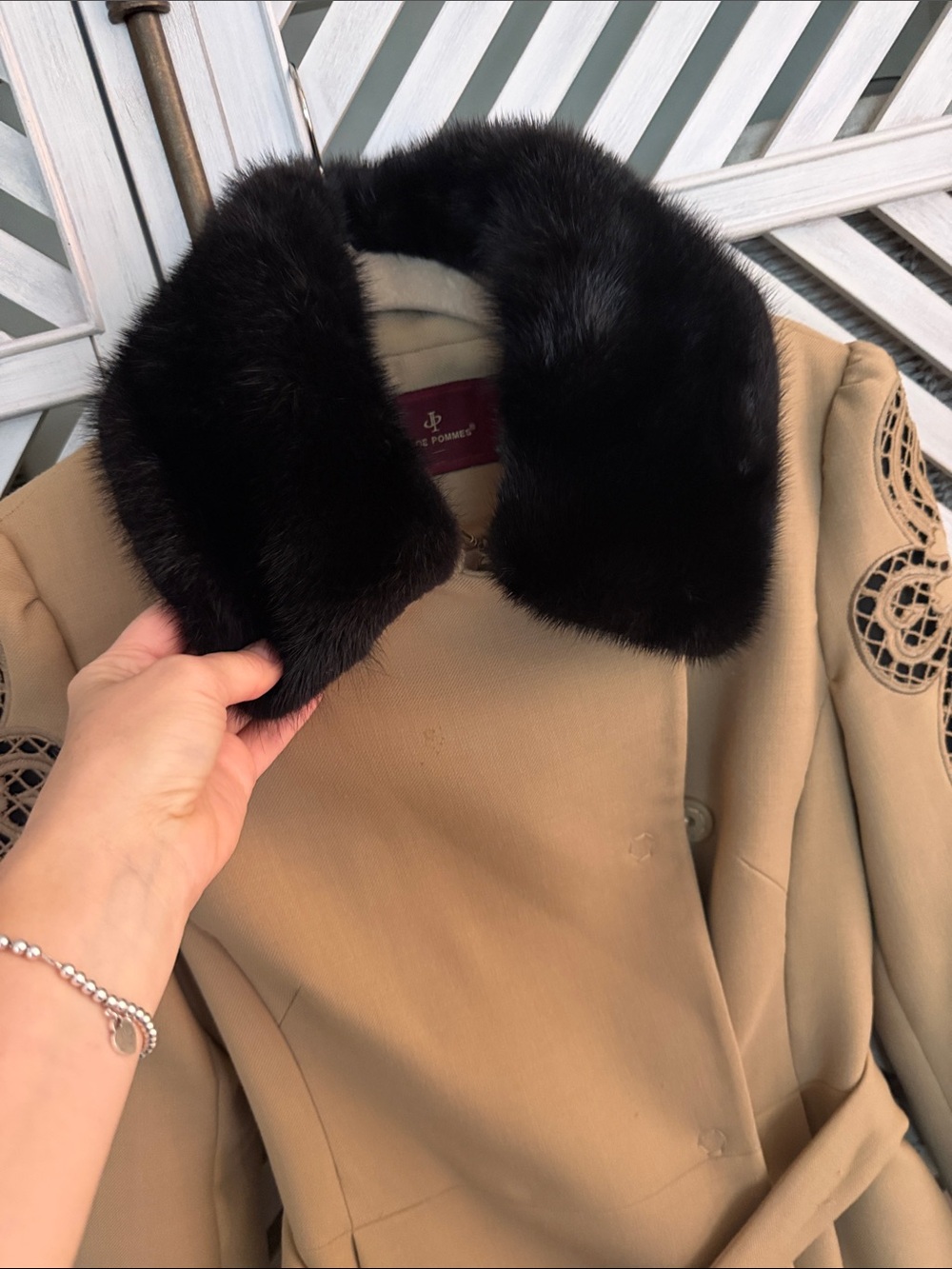 Classic Beige Coat with Removable Black Fur Collar